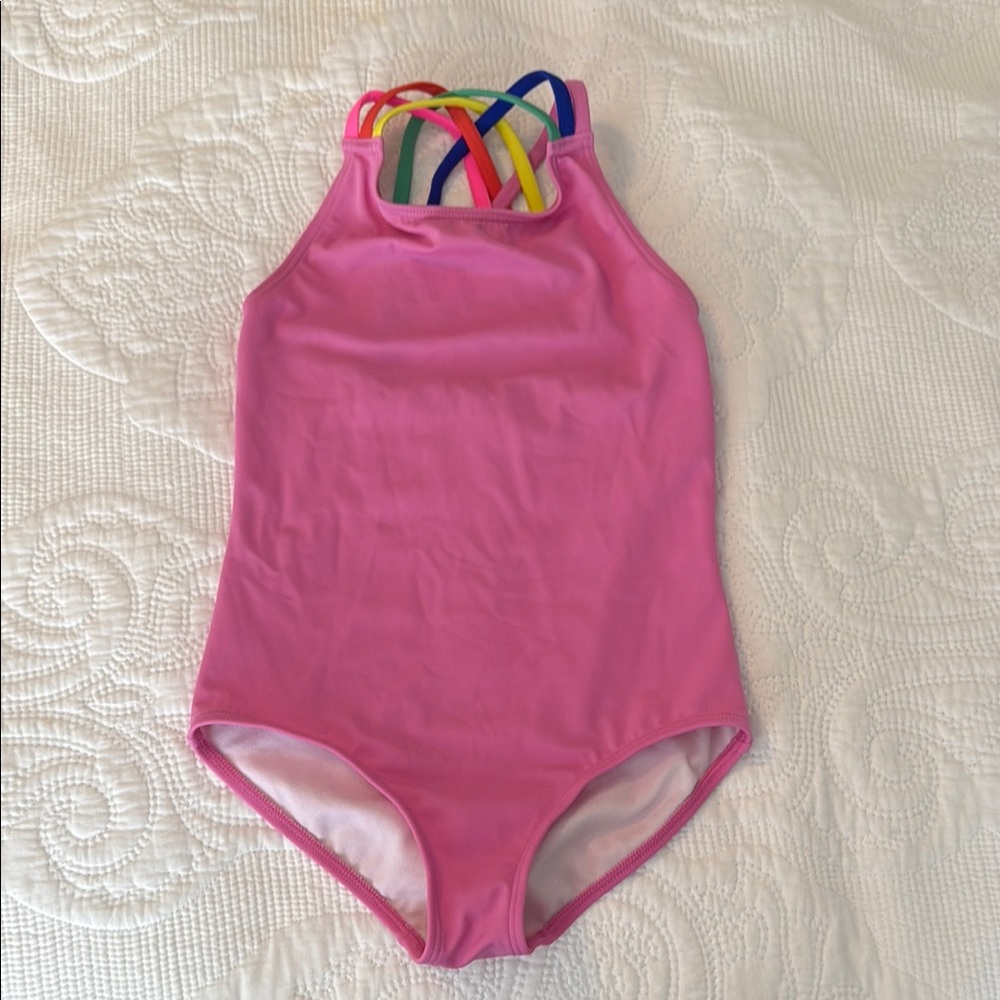 Mini Boden Pink Kids Swim One Piece with Multicolor Straps